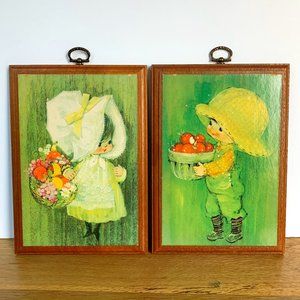 2 VTG Girl Boy 70s Plaques Hallmark Springbok Green Woodtints Mary Hamilton Boho